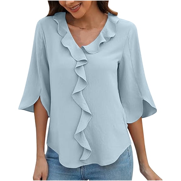 JSheng Women's Casual Short Sleeved Top Summer Solid Color V-neck Pleated Ruffle Sleeve Fashionable Loose Top Blue L