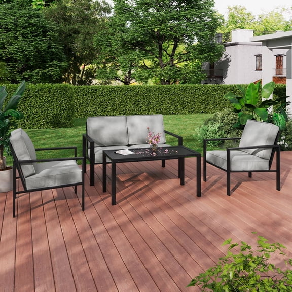 Mainstays Cobble Hill 4-Piece Steel Outdoor Conversation Set with Cushions, Grey