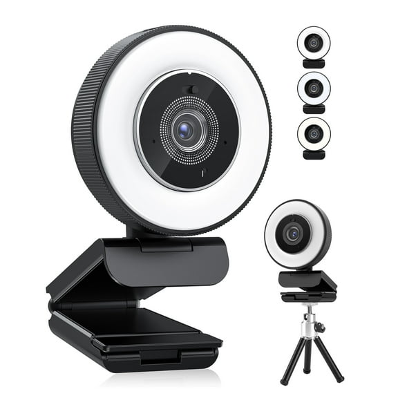 HD Webcam 4k 30fps With Adjustable Ring Light And Microphone, Autofocus Webcam With Privacy Cover For Conferencing, Live Streaming, Recording ,HD Video