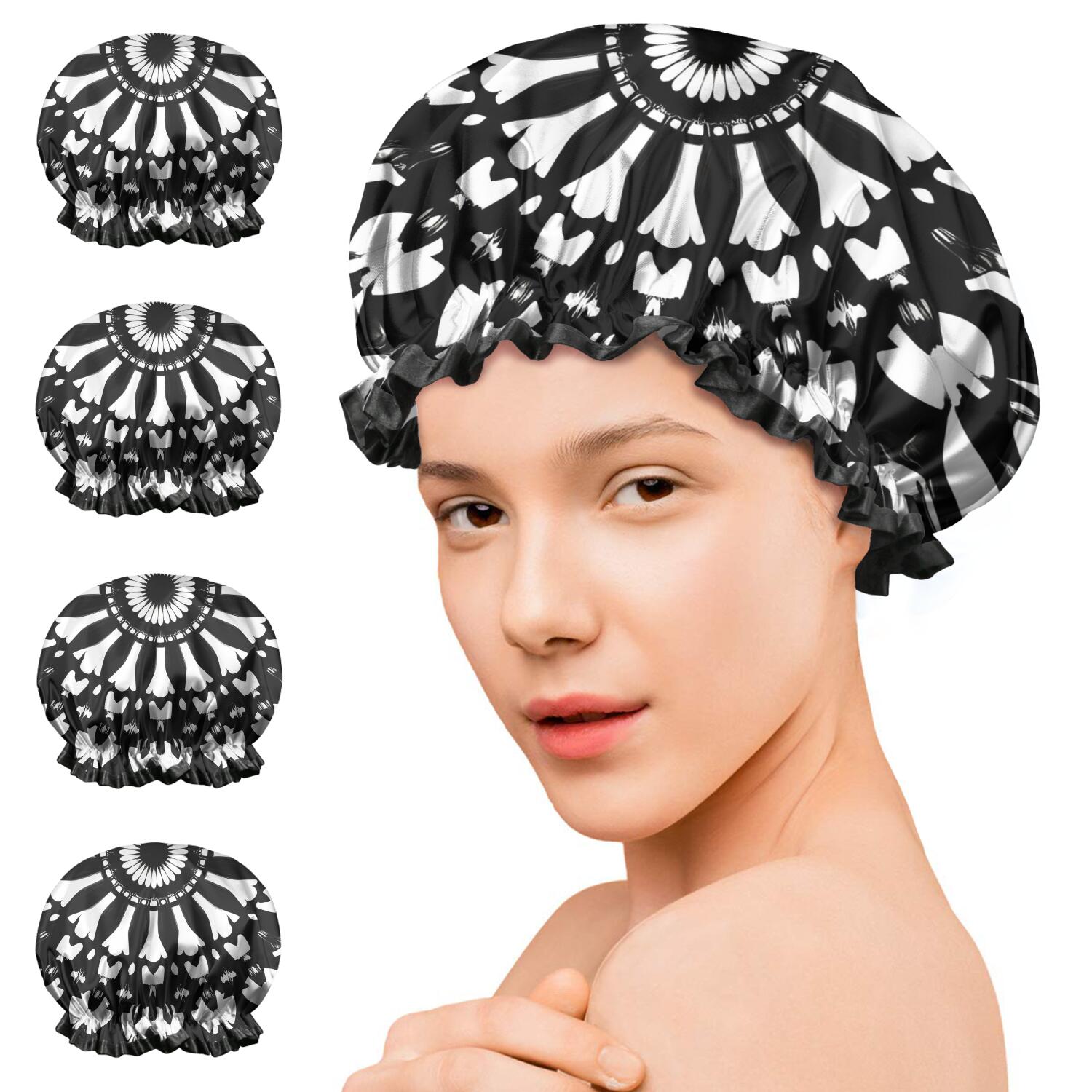 Shower Caps,Black White Tie Dye Mandala Pattern Waterproof Shower Cap for Women 4 Pieces,Double Reusable Hair Cover for Shower PEVA Elastic Stretch Hem