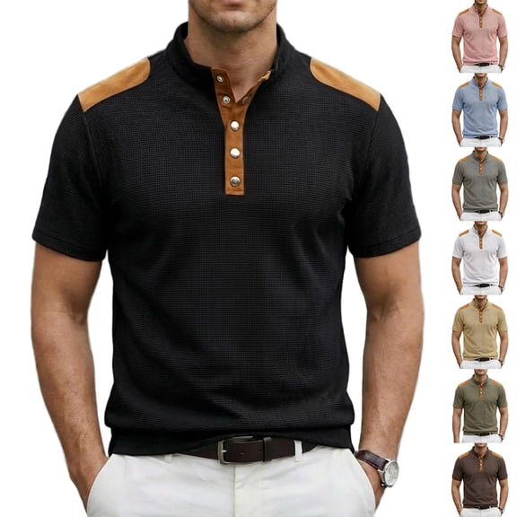 Corduroy Accent Polo Shirts for Men Stand Collar Short Sleeve Quarter Button Placket Casual Loose Fit Waffle Fabric Daily Wear Polo Shirts, #01 Black, XL