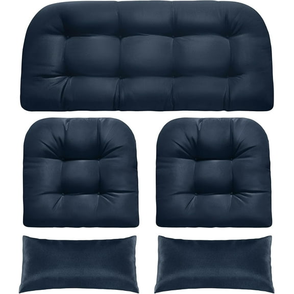 Wicker Chair Cushions, Indoor Outdoor Memory Foam Wicker Furniture Cushion Set of 5, 1 Loveseat and 2 U-Shape and 2 Long Water-Repellent Cushions for Patio Furniture (Blue)