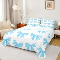 Manfei Teens Children Cartoon Ribbon Bowtie 4 Pieces Queen Sheet Sets,Blue White Bow Ultra Soft Flat Sheet,Kawaii Bowknot Queen Fitted Sheet,Ultra Soft Home Decor