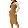 thumbnail image 2 of INSPIRE CHIC Women's Long Sleeve Cut Out Midi Dress Crew Neck Color Block Knitted Sweater Dresses M Beige-Khaki, 2 of 6