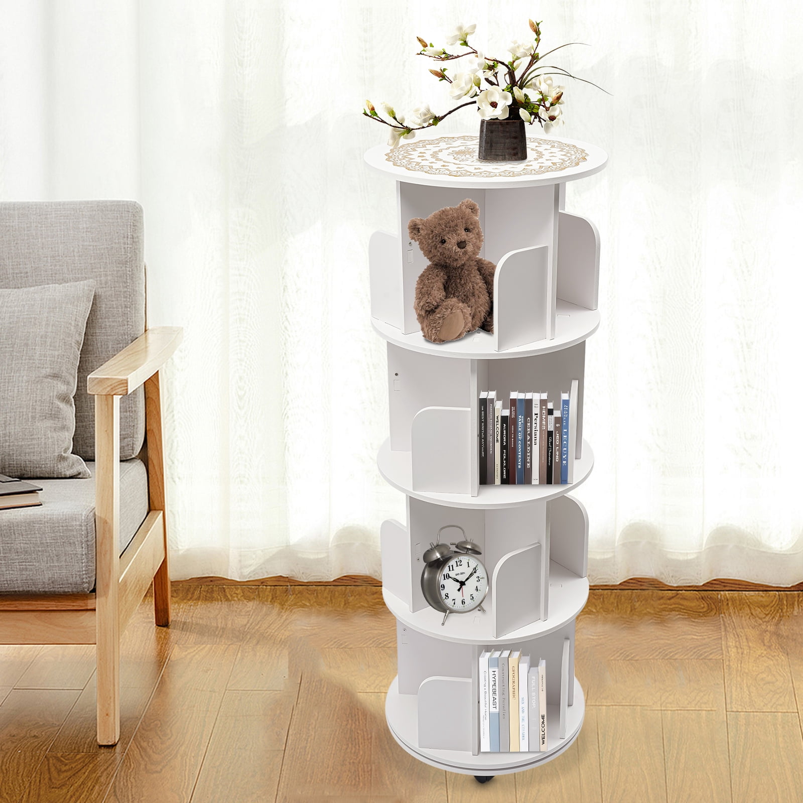 Wildnix Four-Tier Rotating Bookshelf with Stainless Steel Circular Base, &nbsp; Wheels, and Baffles for Organizing Books and Magazines in Style