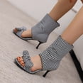 thumbnail image 5 of SACFOF Women's Peep Toe Stiletto Denim Sandals Summer Booties Lace Up Thin Heels Back Zip Tassel Pumps, 5 of 6