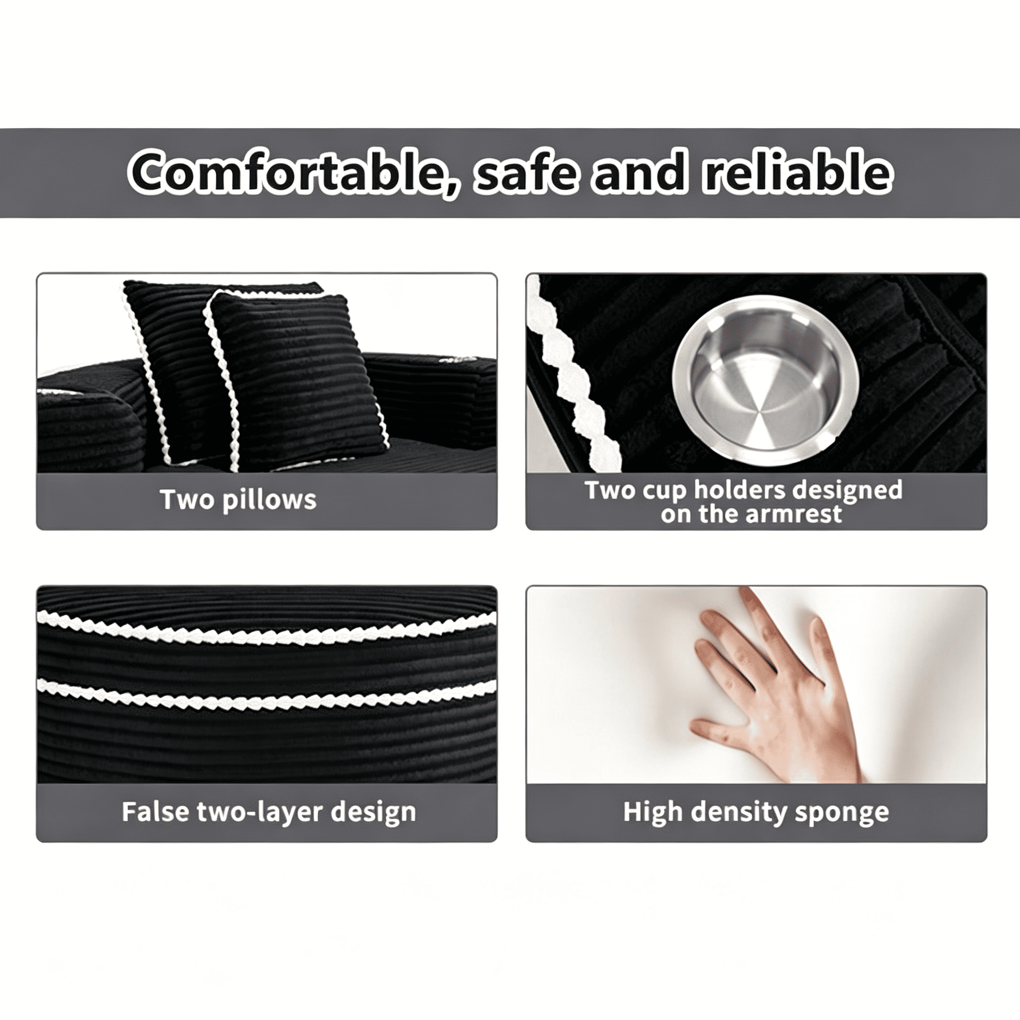 Round Sofa Bed with Memory Foam Sectional Couches for Living Room, Cloud Couch with Two Pillows, Black