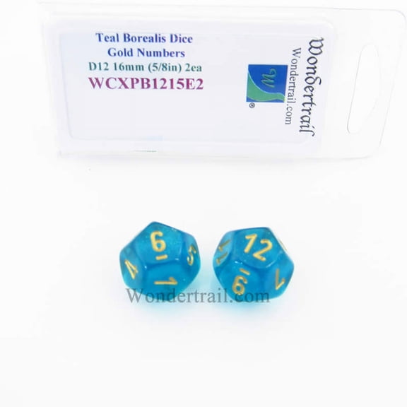 Teal Borealis Dice with Gold Numbers D12 Aprox 16mm (5/8in) Pack of 2 Wondertrail