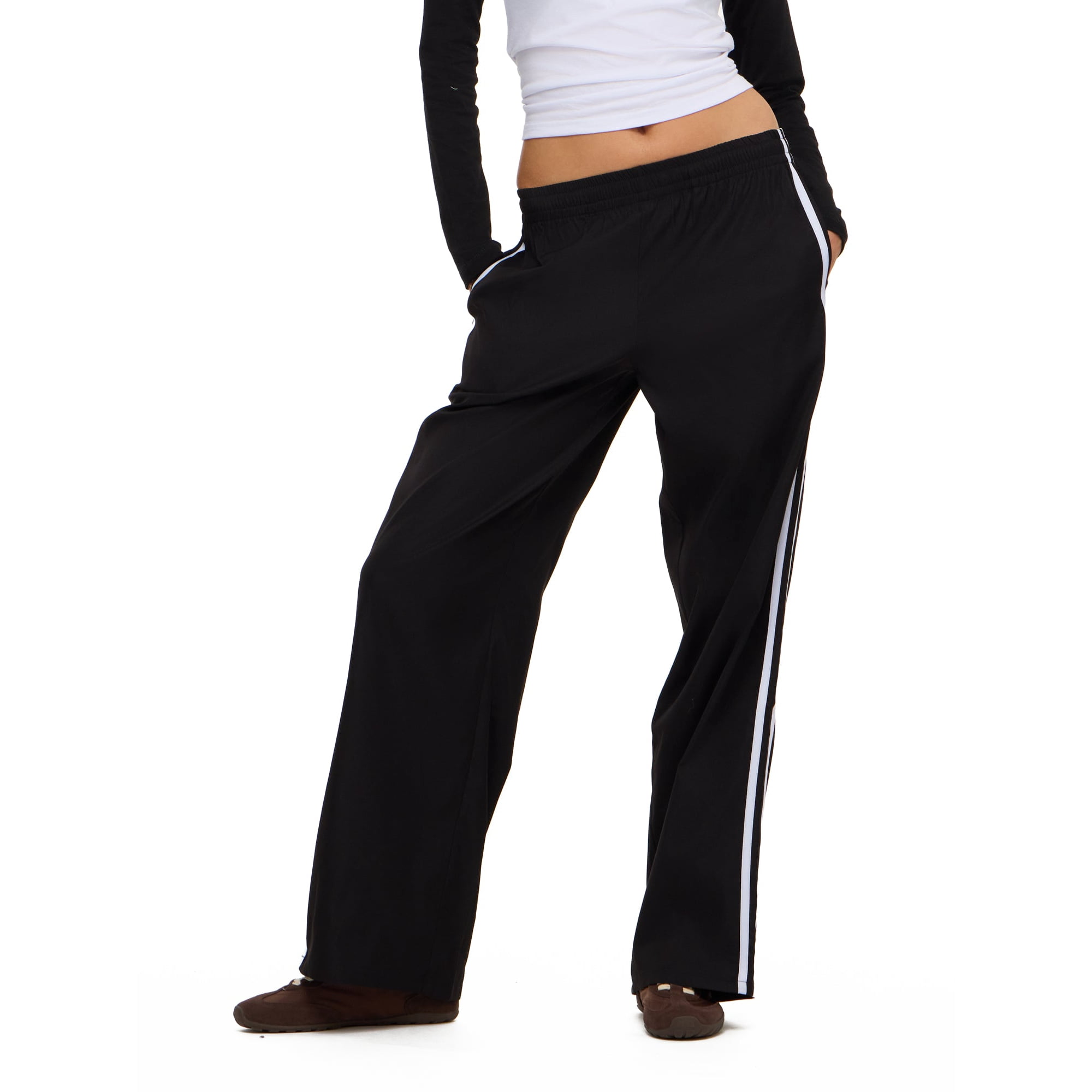 Forever 21 Women's Wide Leg Track Pants with Side Stripes, 100% Polyester Casual Athletic Lounge Pants, Black, XXS-XXL