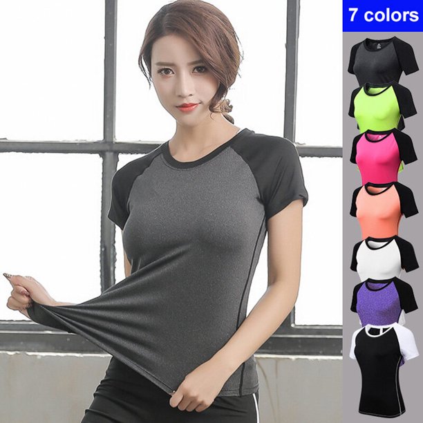 TFixol Camiseta de entrenamiento para mujer Manga corta raglán Empalme Cuello redondo Rápido