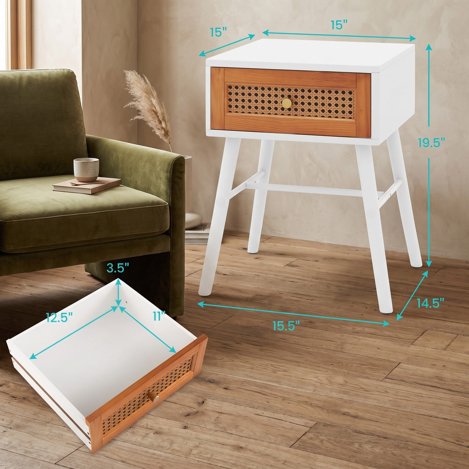 Furnibear Rattan Nightstand Mid Century Modern Accent Bedside Table with Drawer and Wood Legs for Bedroom and Living Room, White