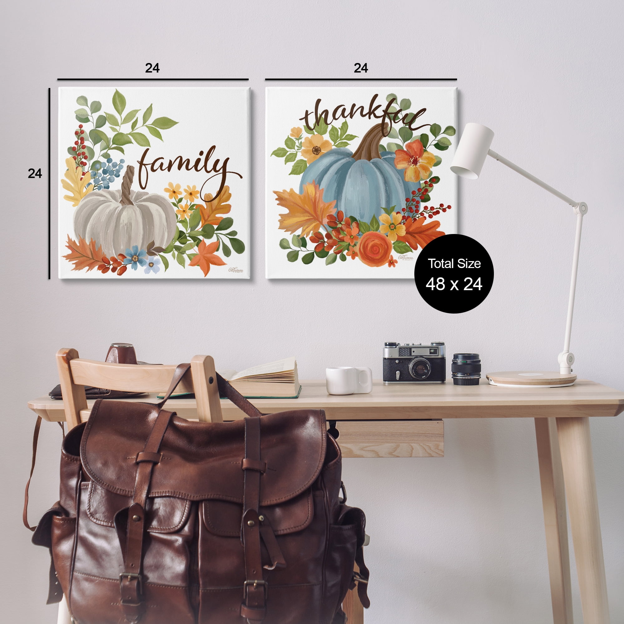 Stupell Industries Family Thankful Fall Pumkin Botanical & Floral Painting Gallery Wrapped Canvas Art Prints Wall Art, 24 x 24, Set of 2