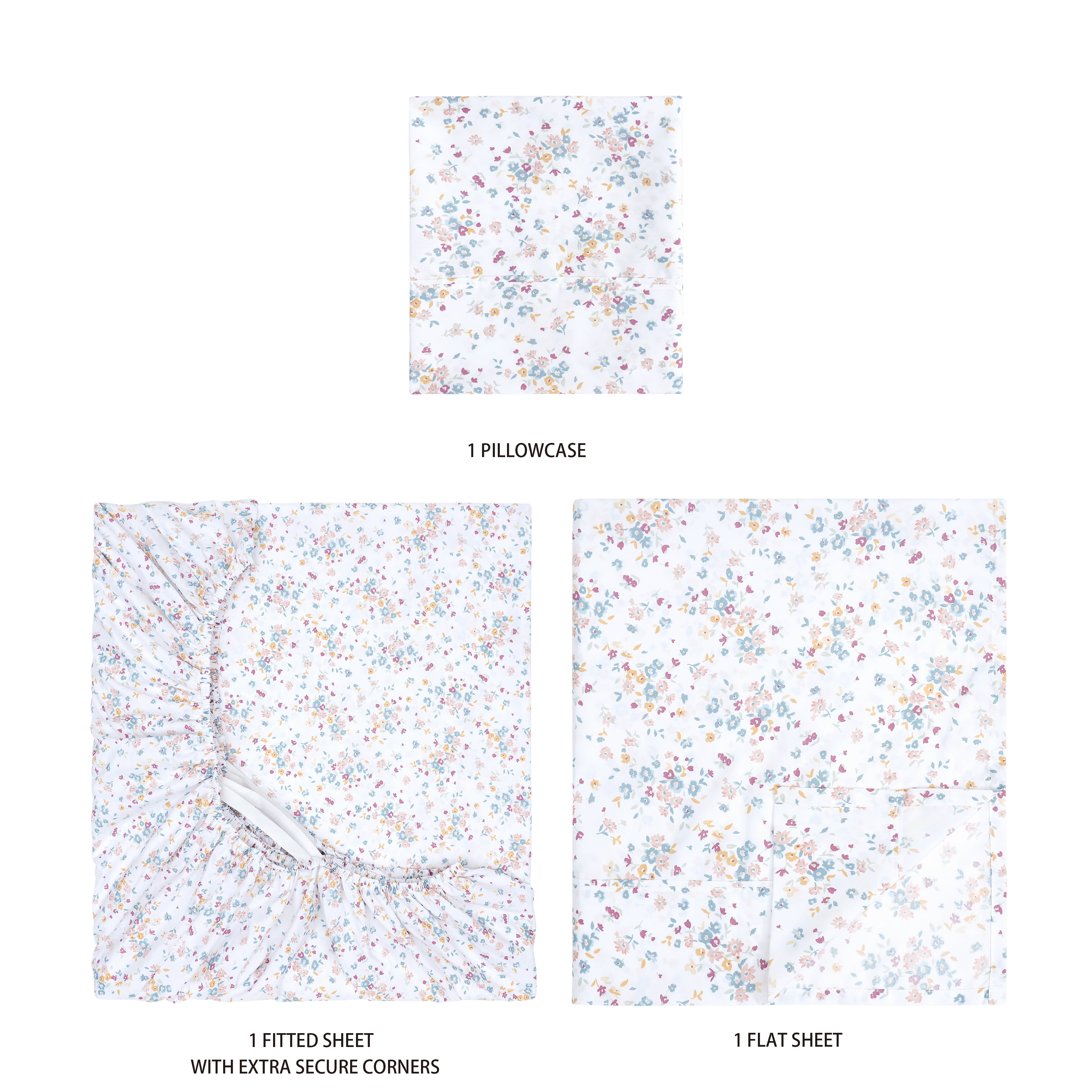 Mainstays Super Soft Brushed Microfiber Bed Sheet Set, White Floral, Twin-XL, 3 Piece