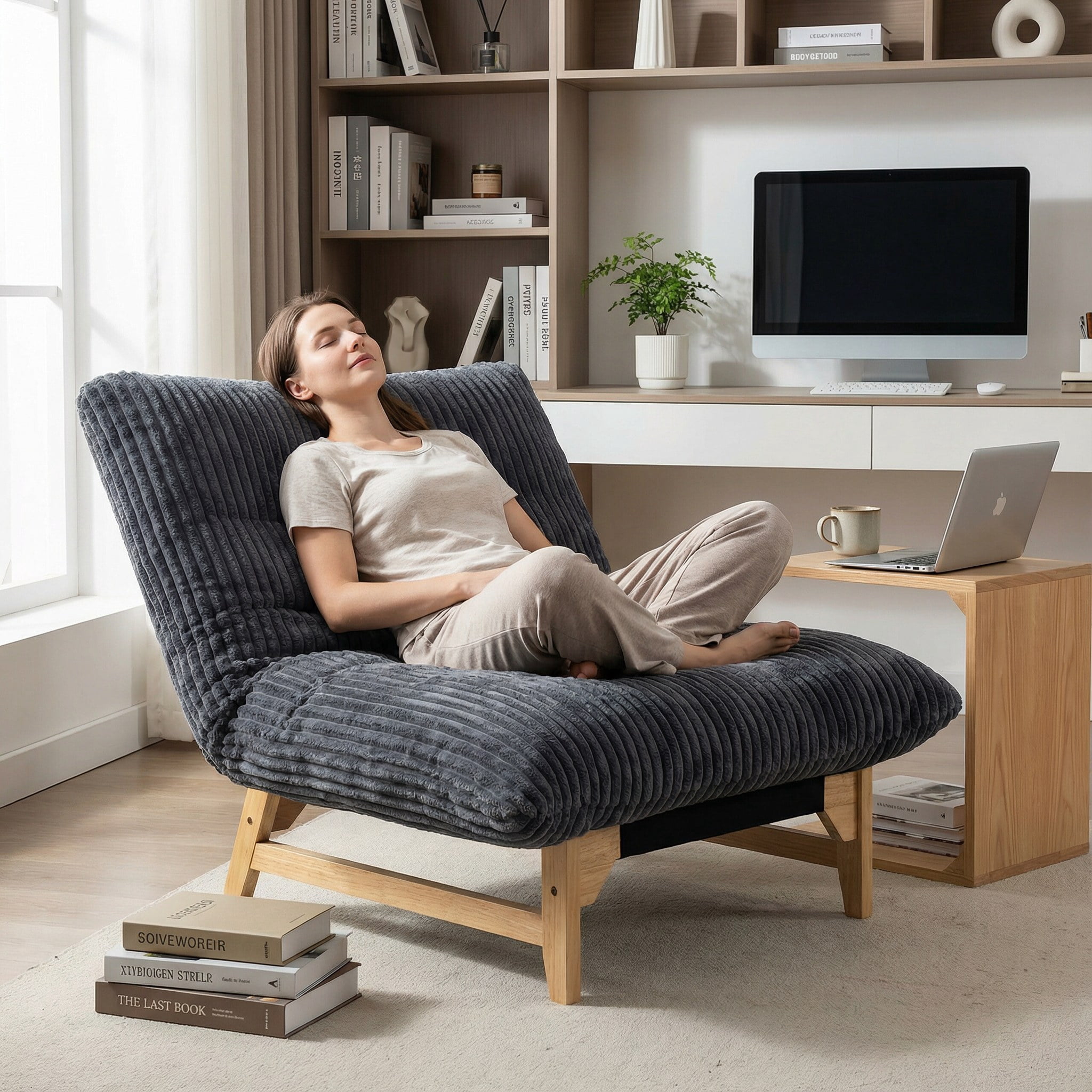 Bean bag chair for Adults with Solid Wood Frame,Accent Armless Lazy Sofa, Casual Single Sofa, Corduroy Fabric, For Living Room And Bedroom, With Backrest, Single Seat