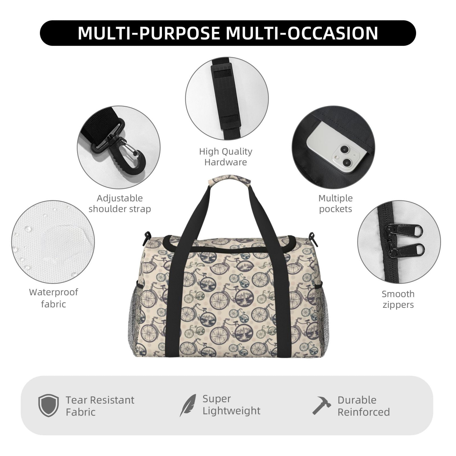 Picia Compass And Mountains In Bicycle Wheels Print Travel Duffle Bag,Weekender Bags for Women with Shoe Compartment, Gym Duffel Bag with Wet Pocket, Hospital Bags for Labor and Delivery
