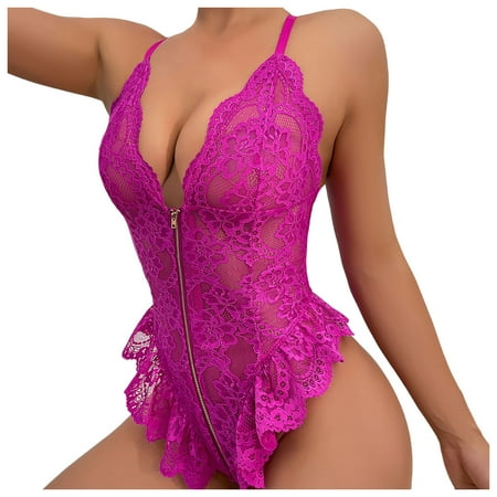 IUJSOY One Piece Lingerie for Women Deep V Sexy Lace Bodysuit Snap Crotch Zipper Backless Nightwear