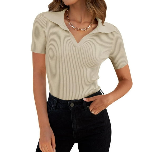 Women's Short Sleeve V Neck T Shirts 2024 Summer Knit Slim Fitted Basic Solid Color Tee Tops