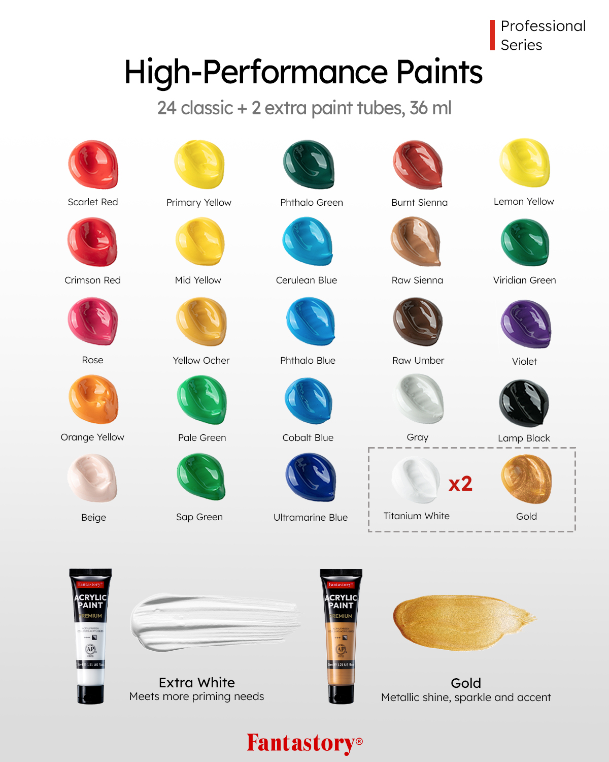 Fantastory 24-Color Acrylic Paint Set, 36ml Bottles photo 3