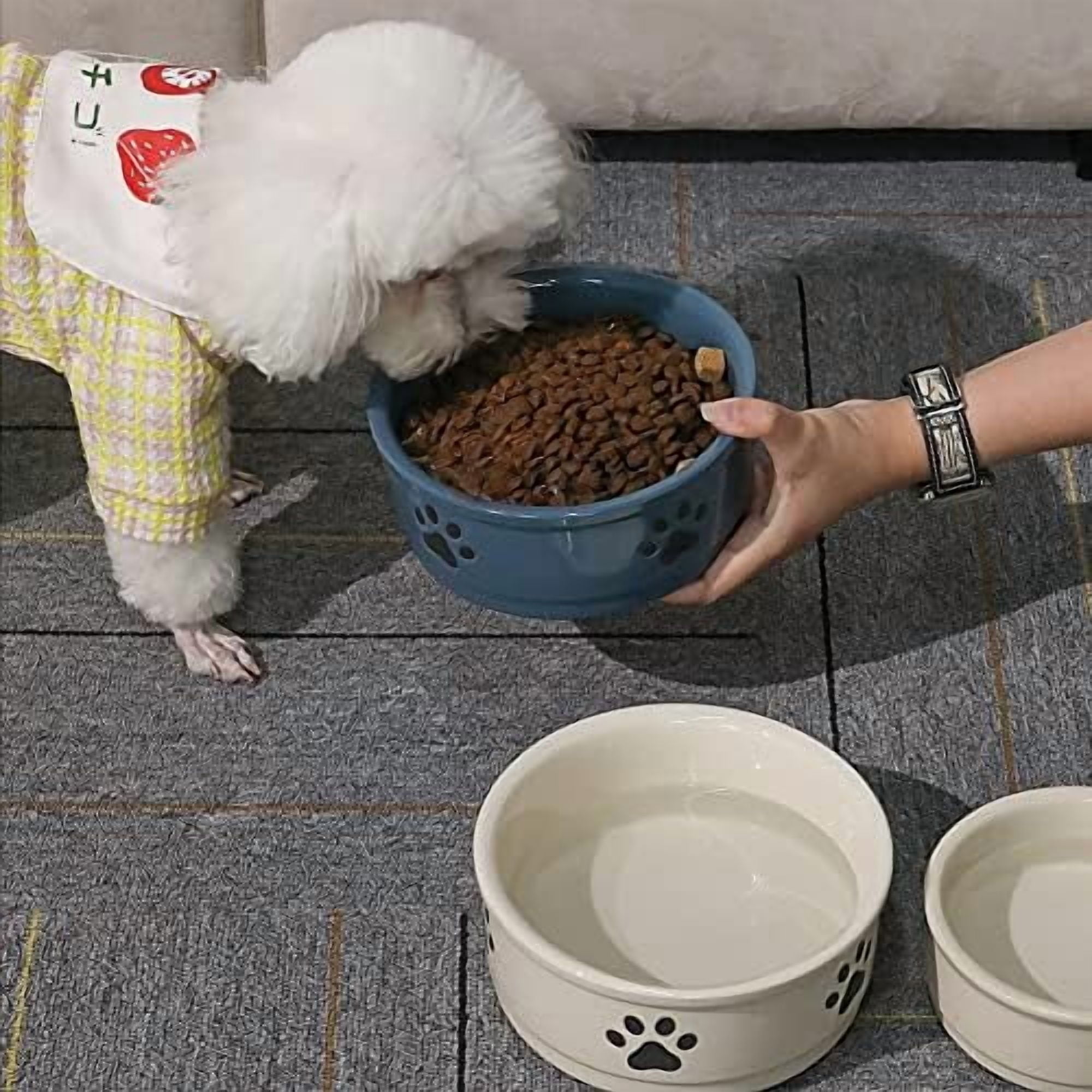 Ceramic Dog Bowls with Paw Pattern, Dog Food Dish for Large Dogs, Porcelain Pet Bowl for Water 70 Fl Oz (Beige)