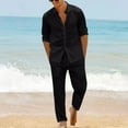 thumbnail image 2 of BiZtdJrK Mens 2 Piece Linen Sets Solid Casual Button Down Long Sleeve Shirts and Drawstring Straight Leg Pants with Pockets Summer Beach Outfits Black XXL, 2 of 9