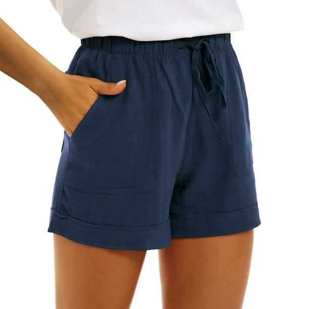 Aayomet Womens Workout Shorts Cotton High Waist Casual Pocket Pants Loose  Straight Leg Fashion Sports Pants (Navy, XL) 