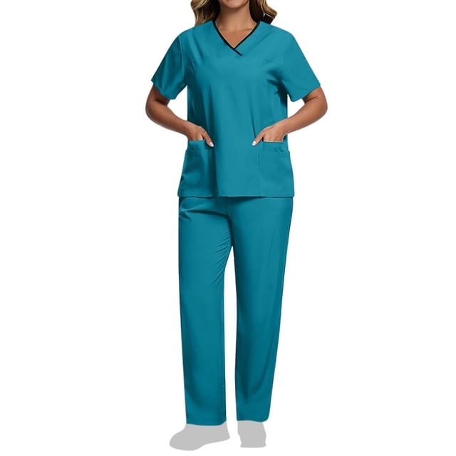Karight Scrubs Sets Womens Solid Color Stretch V Neck Scrub Set Splicing Shirts Pant Plus Size Smooth Soft Nurse Outfit