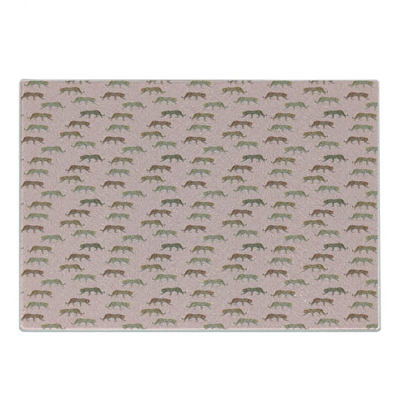 Leopard Cutting Board, Fierce Creature Silhouettes on Pink Botanical Background, Decorative Tempered Glass Cutting and Serving Board, in 3 Sizes, by Ambesonne