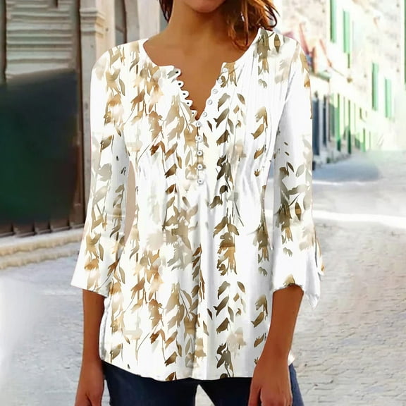 Viluyesy Women's 3/4 Sleeves T-Shirt V-Neck Shirt Tops Fold Button Loose Blouse Multicolor Size L
