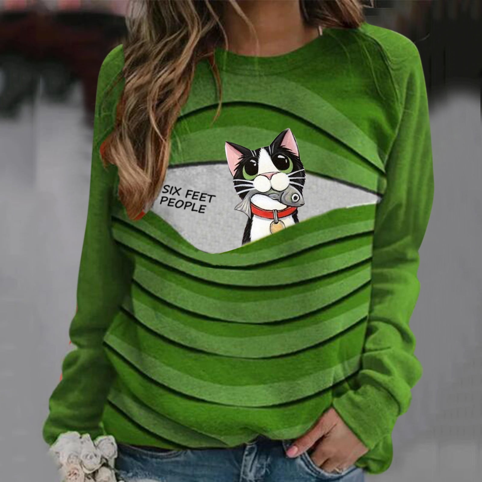LWZWM Plus Size Tops for Women Kawaii Shirt Long Sleeve Cat Print O
