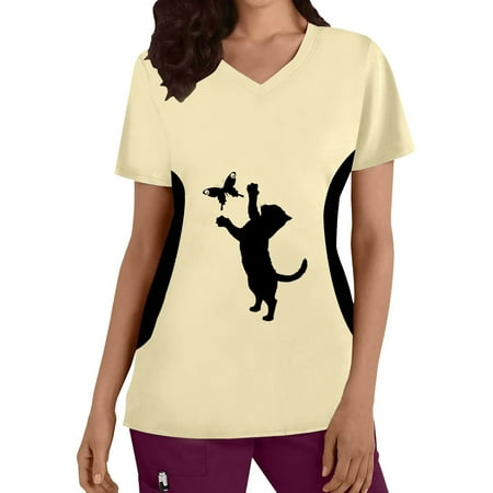 

Cat Printed Working Uniform Womens Plus Size Top V Neck Short Sleeved Cats Prints T Shirt Blouse Scrubs Uniform Nurses