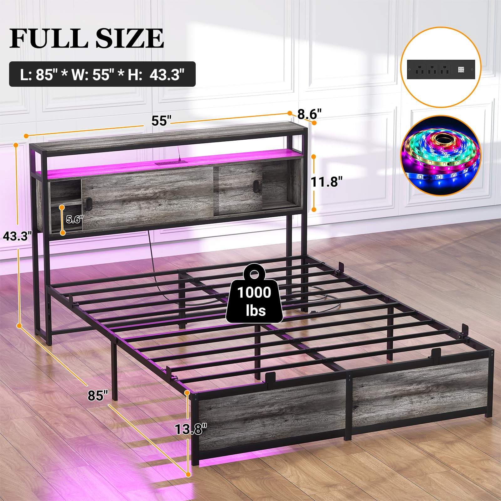 Aheaplus Full Size Bed Frame - Storage Headboard Bed with Sliding Doors, LED Lights & USB Charging Station, Metal Platform Bed Frame, No Box Spring Needed,Gray Oak