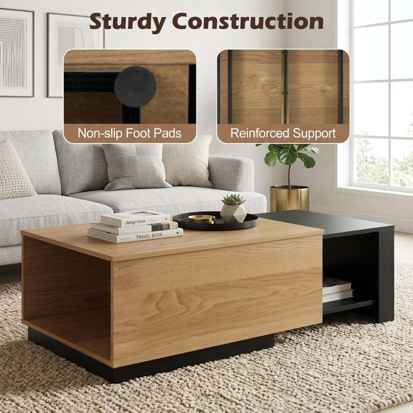 Furnibear Extendable 2-Tier Coffee Table with Concealed Storage Compartment and Bottom Shelf for Living Room and Small Space, Natural