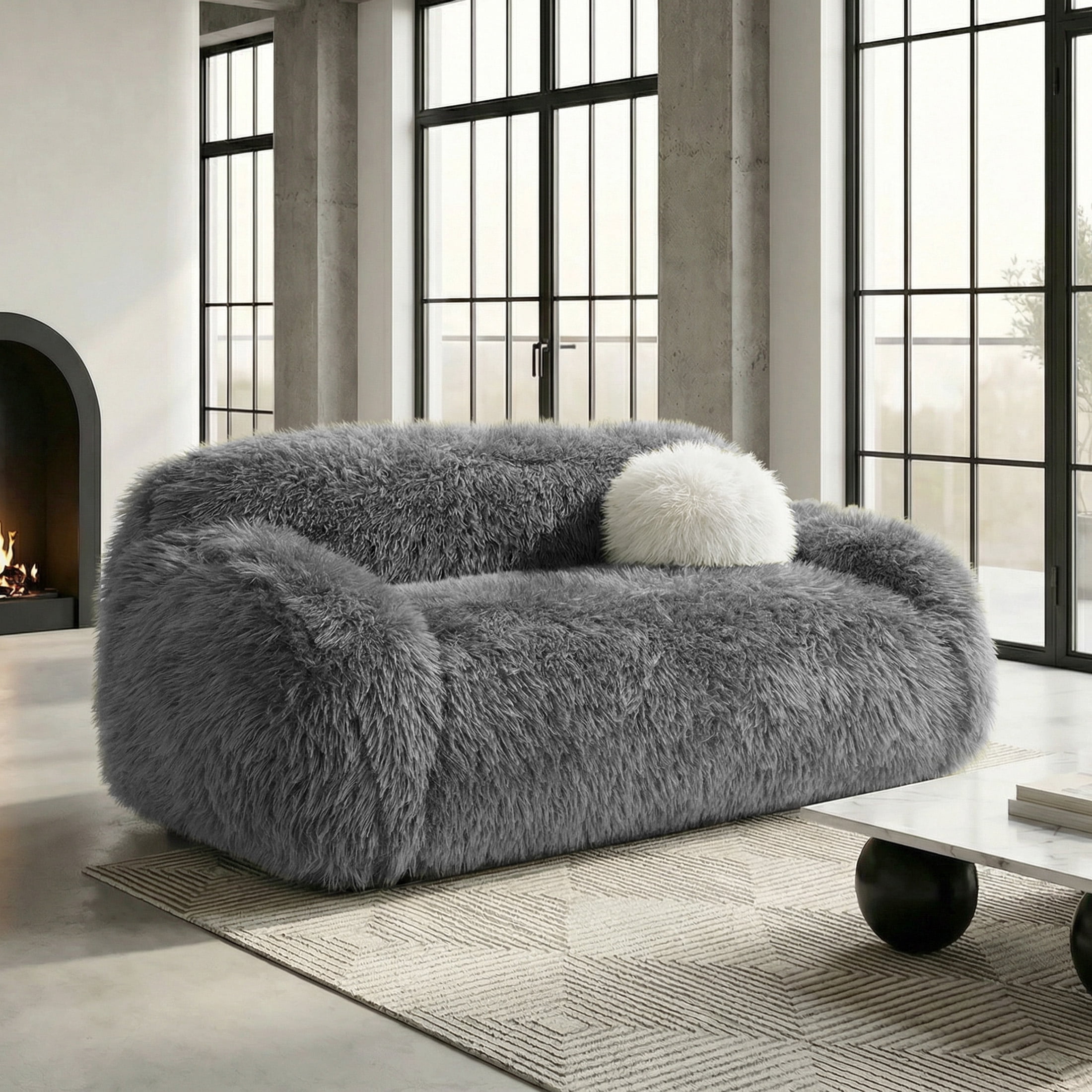 Aukfa Contemporary Plush Faux Fur Sofa, Could-Comfort Loveseat, 25" Deep Seat, Pet Friendly, Gray