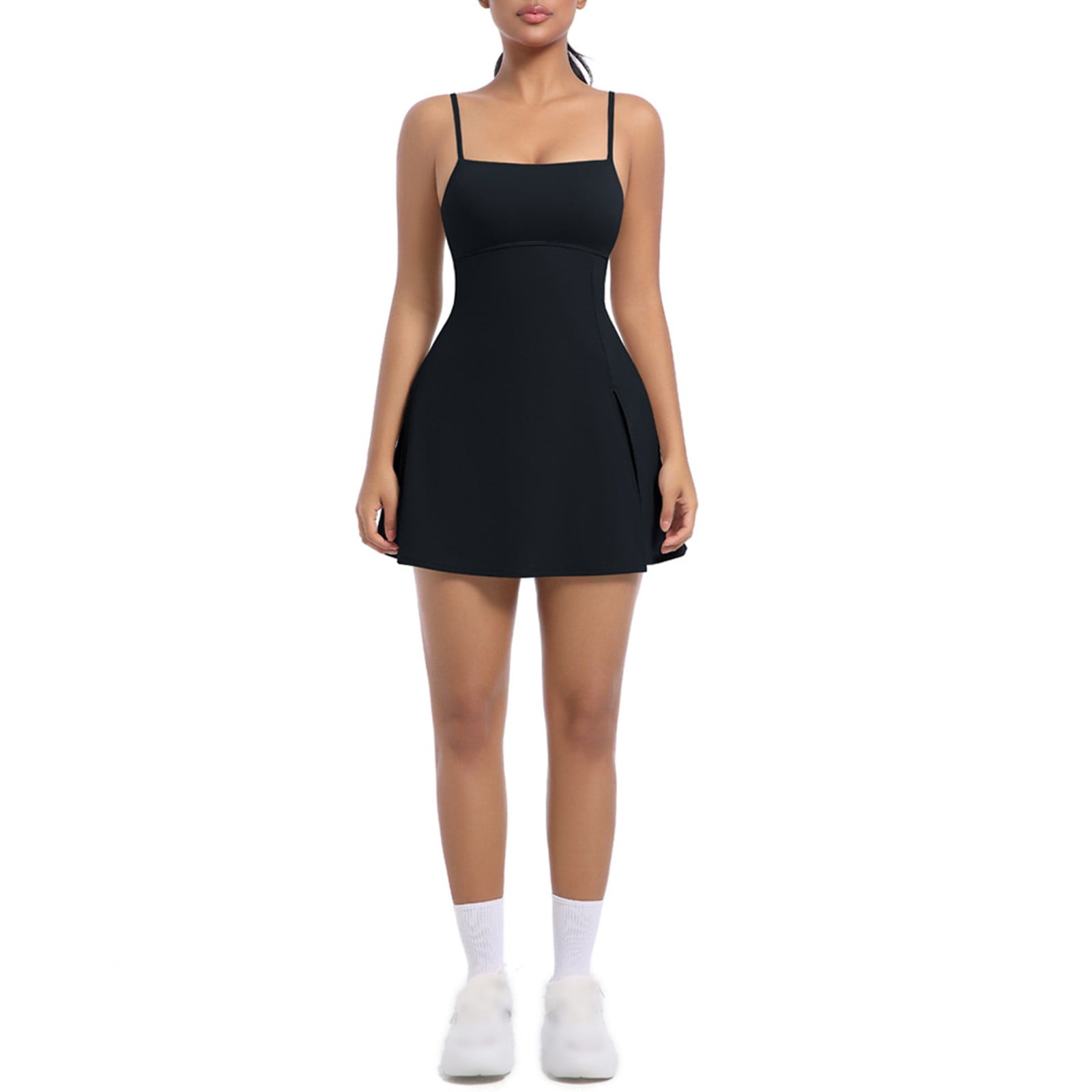 JGGSPWM Womens Square Neck Tennis Dress with Shorts Spaghetti Strap Backless Workout Side Slit Athletic Dresses Black S