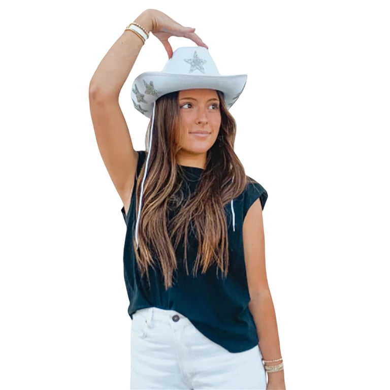 Sunisery Cowboy Hat for Women Wide Brim Rhinestone Tasseled  display picture 1