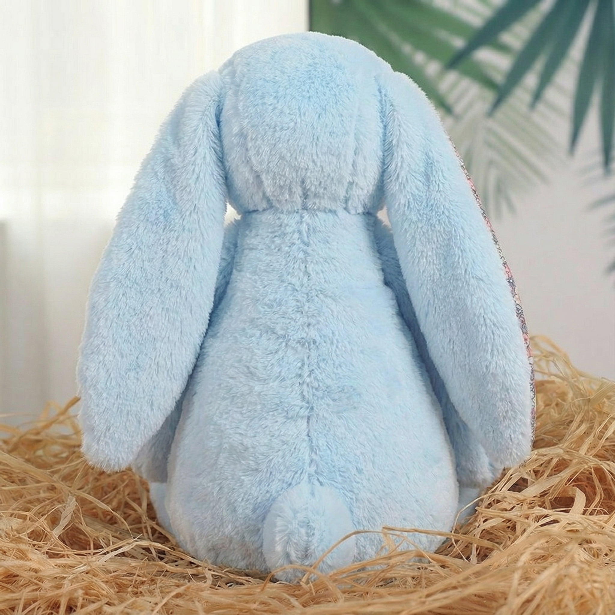 Aximioll 9.8" Sky Blue Easter Bunny Plush Toy with Flower Pattern Ears - Floral Rabbit Stuffed Animal Doll - Soft Fuzzy Vintage Cottagecore Spring Decor & Basket Stuffer Gift for Baby Boy Newborn