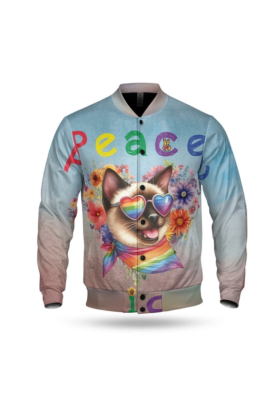Peace Love Pride Siamese with Rainbow Sunglasses LGBT LGBTQ+ All Over Print 3D Baseball Jacket Cat Lover Kitten Owner Gifts Bomber Jacket Softball - 01004