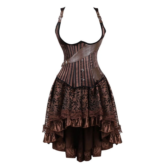 Grebrafan Steampunk Striped Underbust Corset with Tutu Skirt Women XS Brown