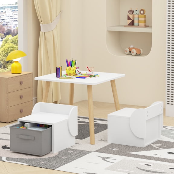 Noble House Lornic Scandi Kids Play Table and Chair Set, 3-Piece Toddler Activity Set with Storage Drawers, White & Natural