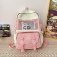 thumbnail image 1 of Mesh Pockets Front Backpack, Color Contrast Laptop Rucksack, Preppy Style Travel Schoolbag, 1 of 4