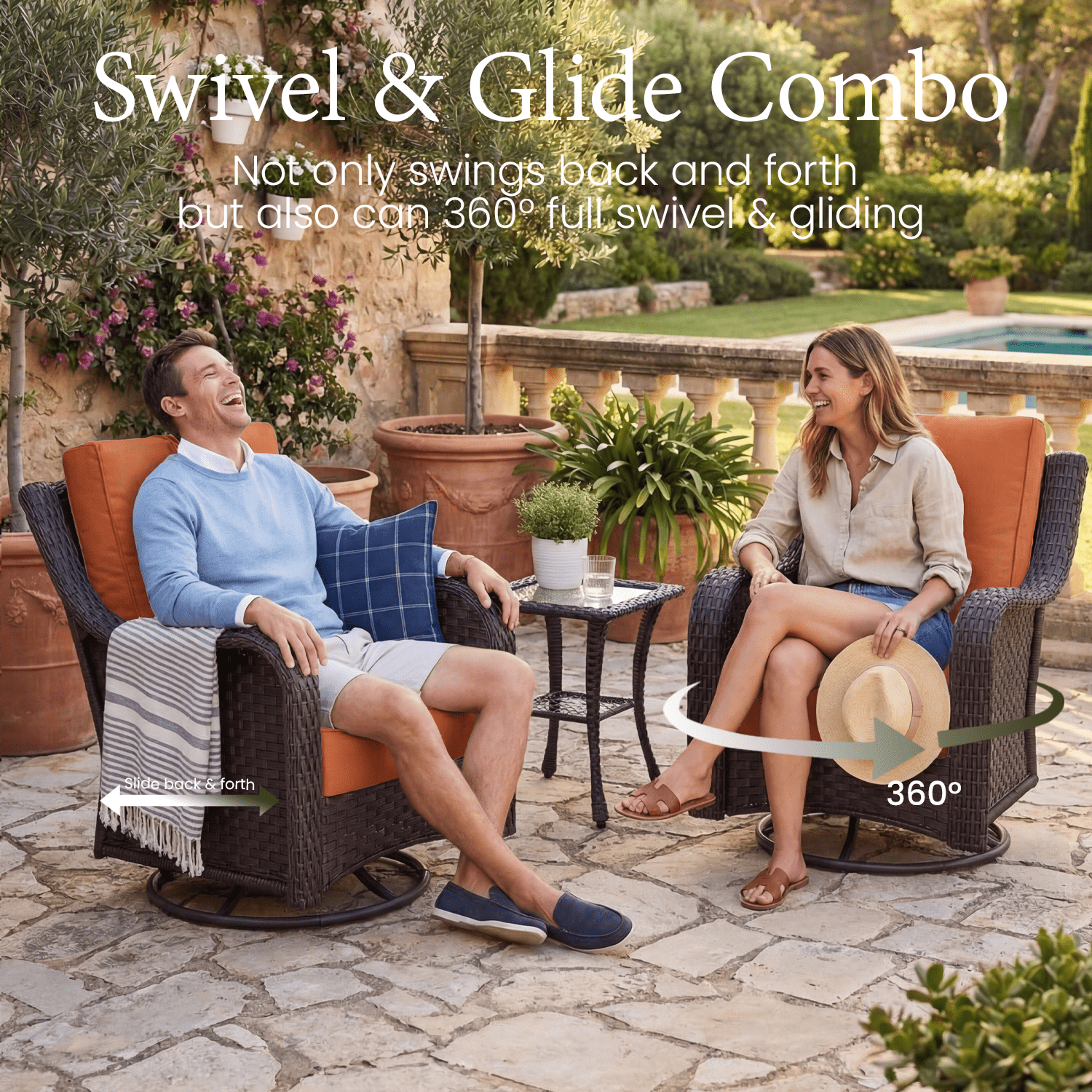 LayinSun 6 Piece Wicker Outdoor Furniture Set with 6-inch Comfy Cushions, High Back Patio Furniture Set with Swivel Rocking Chairs and Side Table