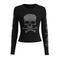thumbnail image 3 of Women's Spring Autumn Slim Tops Black Long Sleeve Round Neck Skull Print T-shirt Slight Color, 3 of 9
