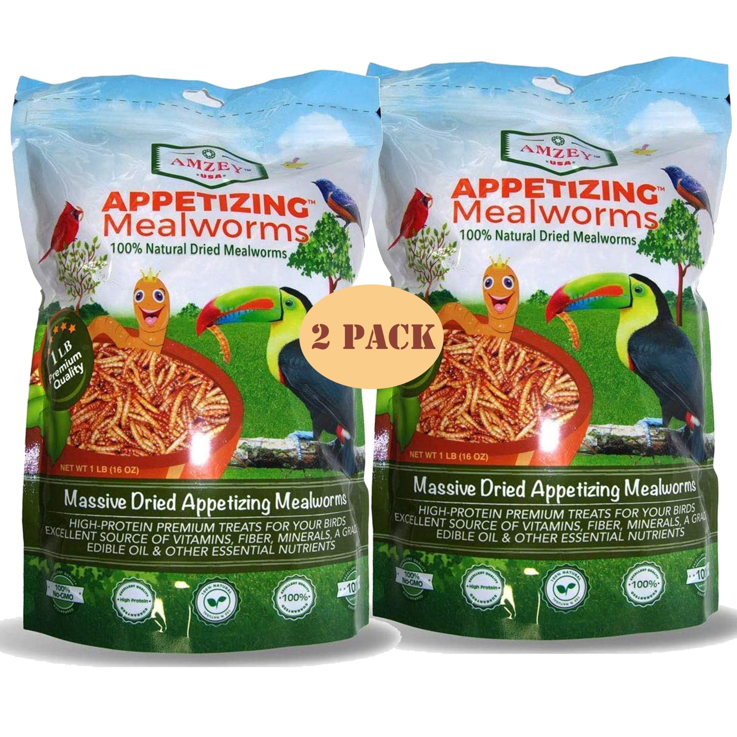 Amzey 2 Pack 1 lb Dried Mealworms for Chickens, Pet Birds, Chicken Feed