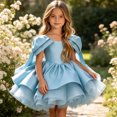 thumbnail image 5 of Girls Satin Mini Princess Dresses Cape Sleeve Neck Ruffle Tiered Gowns for Wedding Birthday Party Evening Ceremony Sky Blue 11-12 Years, 5 of 6