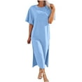 thumbnail image 1 of Staron Robes pour Femmes Été Manches Courtes Ligne A Élégante Robe Midi Décontractée Printemps Couleur Unie Fluide Col Rond Fendue Robes Bleu Ciel G, 1 of 3