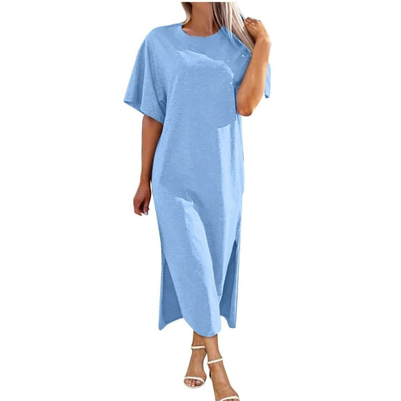 Diufon Casual Womens Maxi Dresses Summer Solid Color Dress Round Neck Short Sleeve Dress