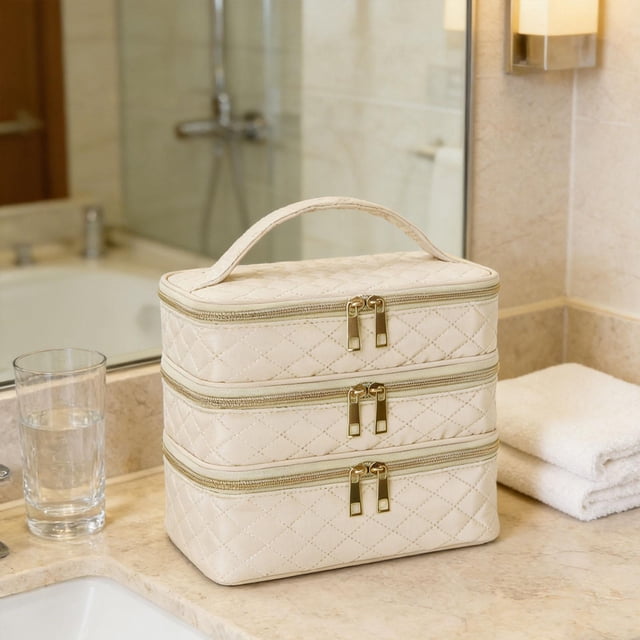 Neceser de viaje para baño, organizador de cosméticos, resistente al agua, con cremallera, para mujer, bolso de mano para brochas de maquillaje, para Caqui