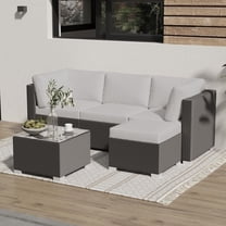 5-Piece Outdoor Rattan Wicker Sofa Set, PE Rattan Conversation Sectional with Thickened Back Cushion, Glass Tabletop, Light-Grey