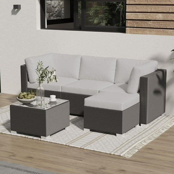5-Piece Outdoor Rattan Wicker Sofa Set, PE Rattan Conversation Sectional with Thickened Back Cushion, Glass Tabletop, Light-Grey