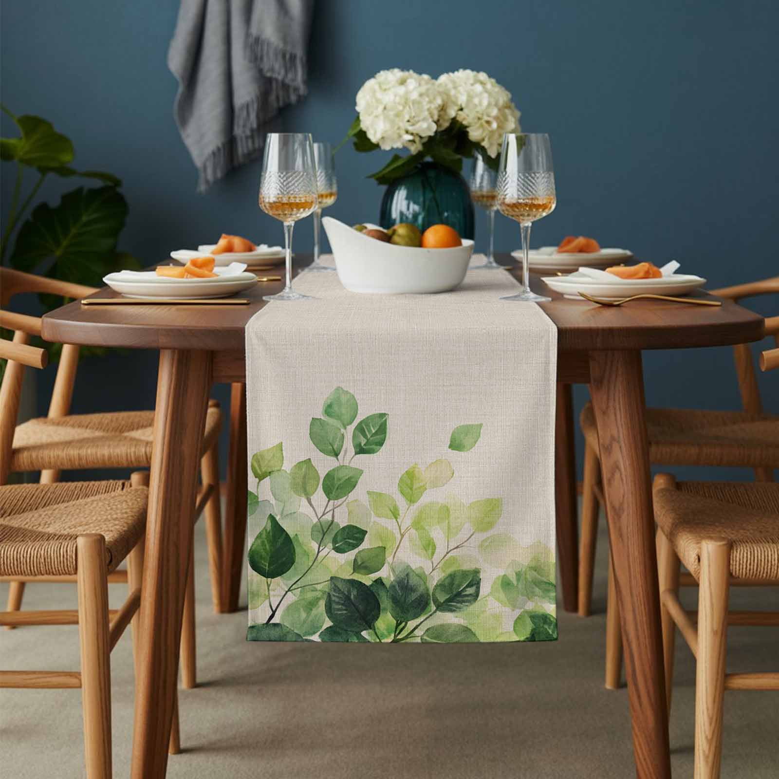 Spring Leaf Cotton Linen Table Runner Vintage Sage Green Eucalyptus Leaves Country Linen Texture Dining Table Runners for Home Decor Party Dining Room Restaurant Kitchen 13" x 108"